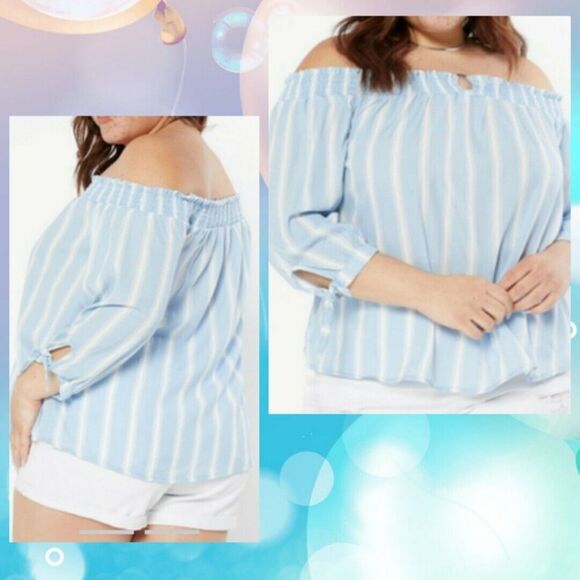 Rue21 Plus Women's Blue Striped Print Off The Shoulder O Ring Top Shirt SIZE 4X - Picture 1 of 5